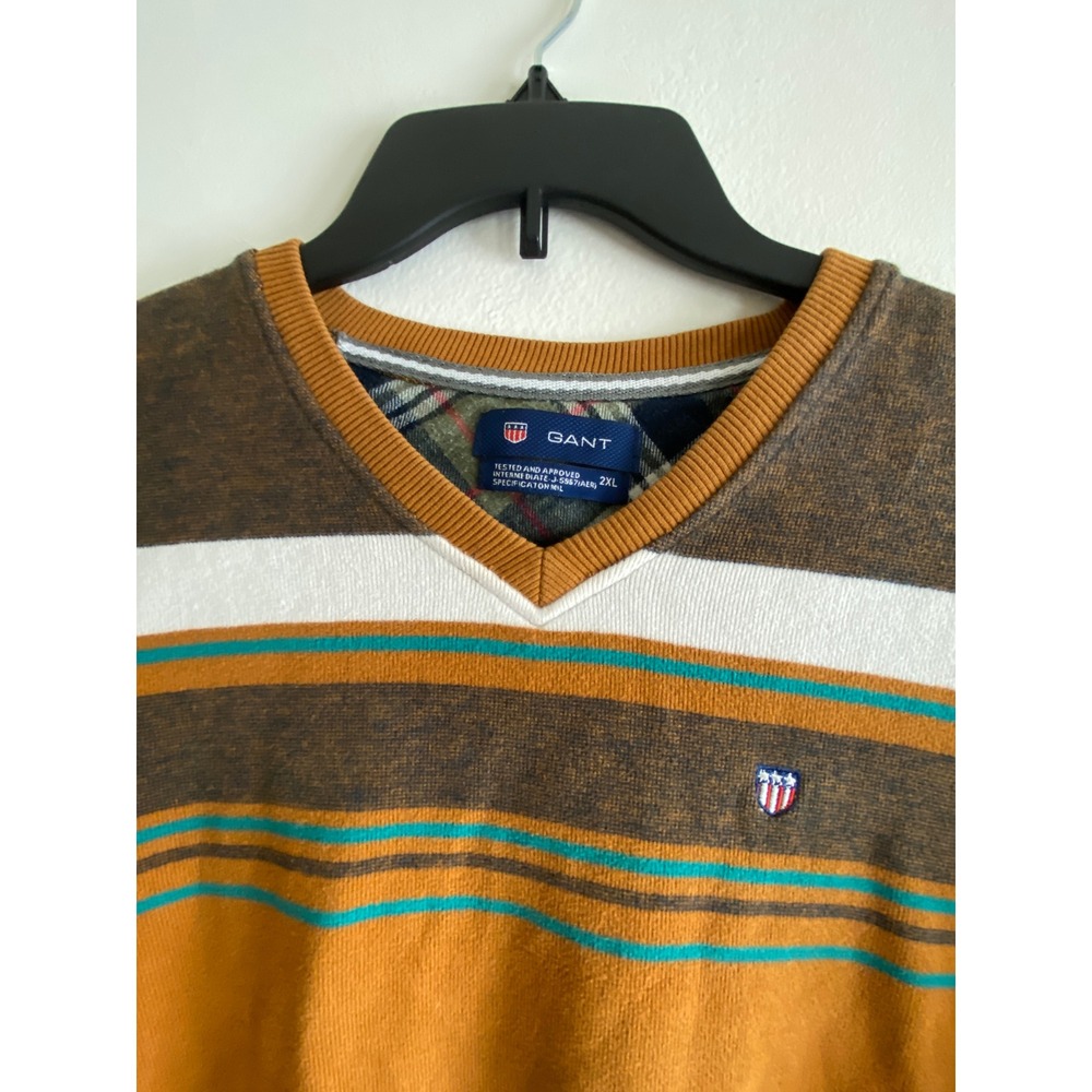 Gant Mens V-Neck Sweater 2XL Mustard Yellow Stripe Chest Logo Preppy Knit Jumper - Picture 2 of 12